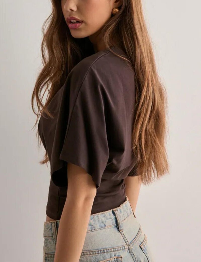 Lumister Shirts for Womens Crewneck Tighten Waist T-Shirt Casual Short Sleeve Workout Tops Solid Color Basic Tees(0781-Brown-M*1) - Image 5
