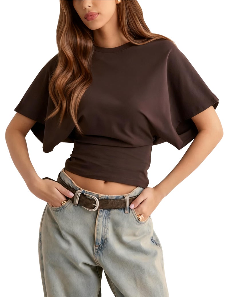 Lumister Shirts for Womens Crewneck Tighten Waist T-Shirt Casual Short Sleeve Workout Tops Solid Color Basic Tees(0781-Brown-M*1) - Image 1