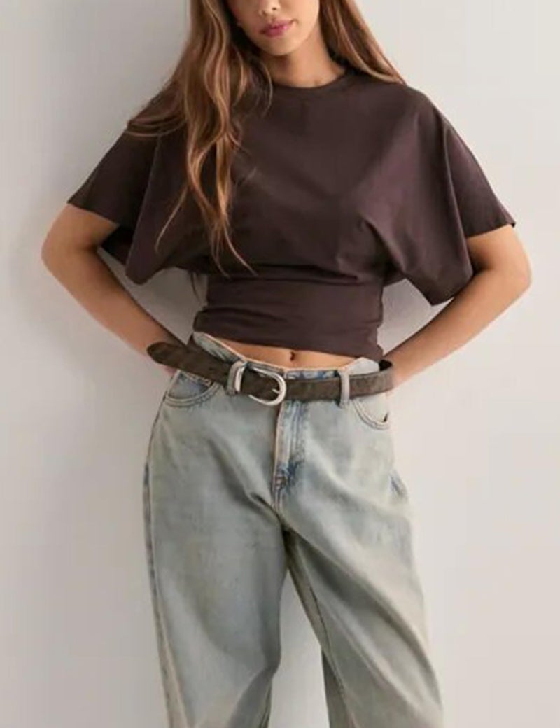 Lumister Shirts for Womens Crewneck Tighten Waist T-Shirt Casual Short Sleeve Workout Tops Solid Color Basic Tees(0781-Brown-M*1) - Image 2