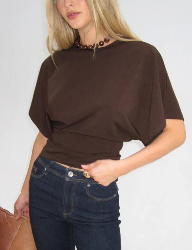 Lumister Shirts for Womens Crewneck Tighten Waist T-Shirt Casual Short Sleeve Workout Tops Solid Color Basic Tees(0781-Brown-M*1) - Image 3