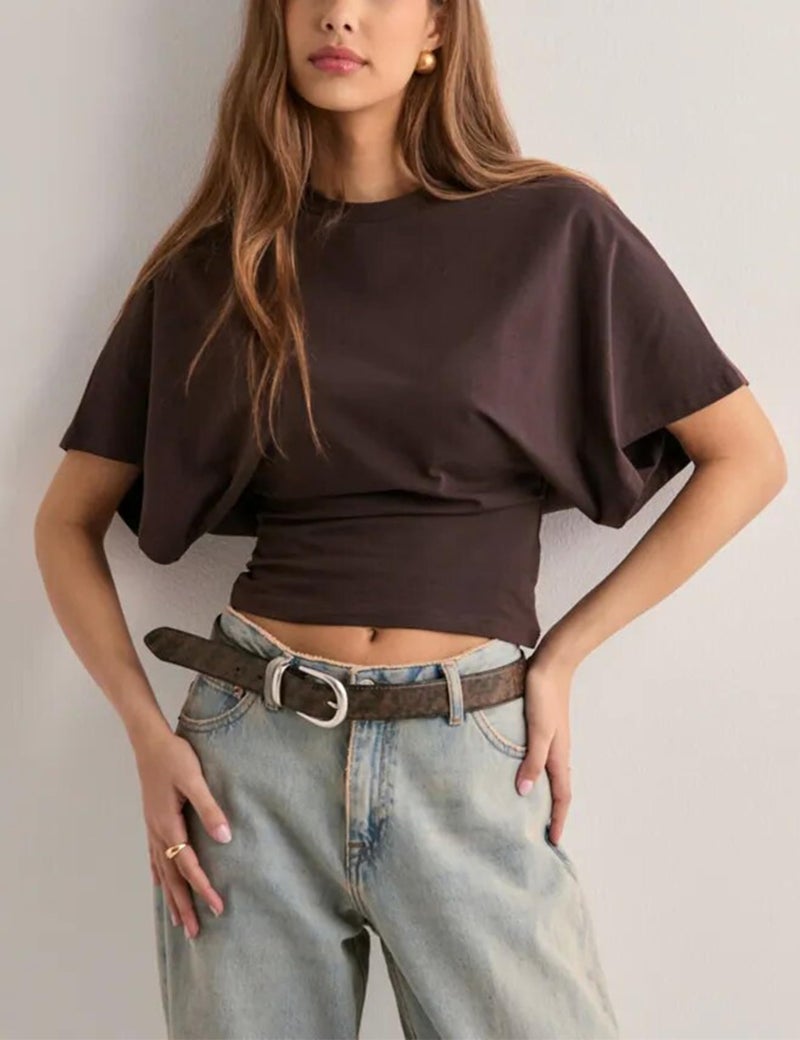 Lumister Shirts for Womens Crewneck Tighten Waist T-Shirt Casual Short Sleeve Workout Tops Solid Color Basic Tees(0781-Brown-M*1) - Image 4