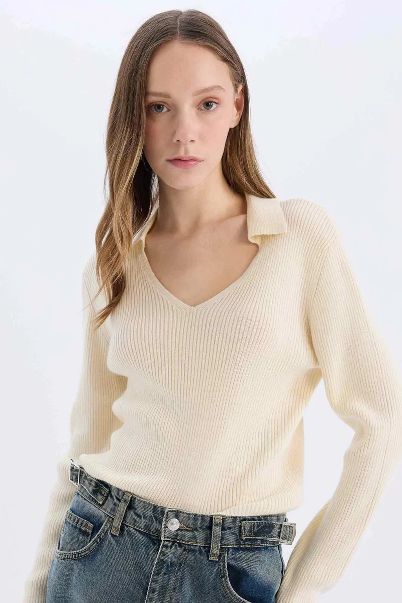 DeFacto Slim Fit Polo Neck Crop Knit Pullover