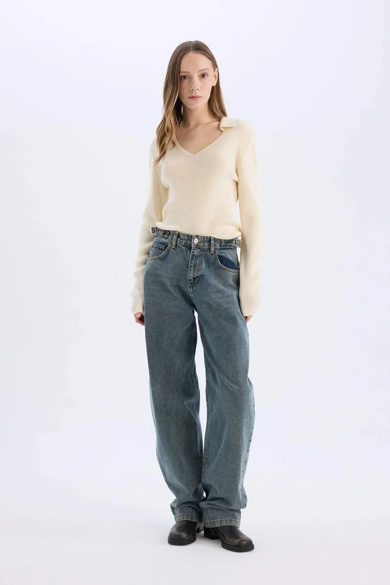DeFacto Slim Fit Polo Neck Crop Knit Pullover