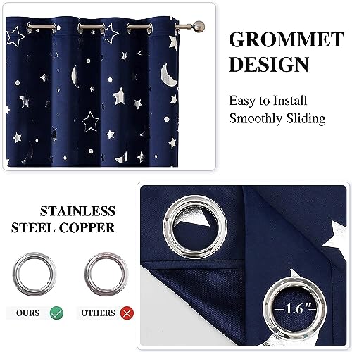 WUBODTI Navy Blue Star Curtains Blackout Kids Room Curtain 2 Panel Sets 63 Inch Length, Silver Star and Moon Patterned Short Curtains Grommets Thermal Insulated Space Drapes for Boys Bedroom - Image 3