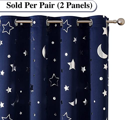 WUBODTI Navy Blue Star Curtains Blackout Kids Room Curtain 2 Panel Sets 63 Inch Length, Silver Star and Moon Patterned Short Curtains Grommets Thermal Insulated Space Drapes for Boys Bedroom - Image 2
