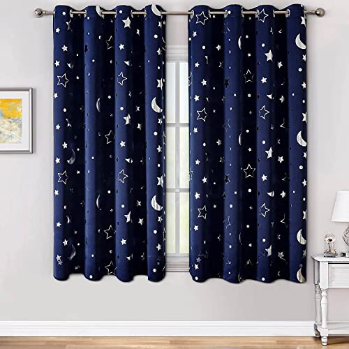 WUBODTI Navy Blue Star Curtains Blackout Kids Room Curtain 2 Panel Sets 63 Inch Length, Silver Star and Moon Patterned Short Curtains Grommets Thermal Insulated Space Drapes for Boys Bedroom - Image 1