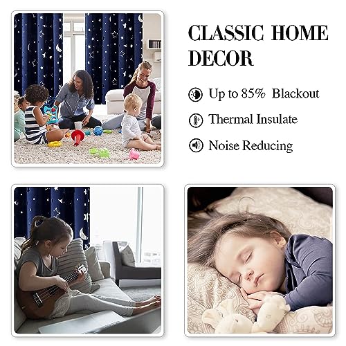WUBODTI Navy Blue Star Curtains Blackout Kids Room Curtain 2 Panel Sets 63 Inch Length, Silver Star and Moon Patterned Short Curtains Grommets Thermal Insulated Space Drapes for Boys Bedroom - Image 4