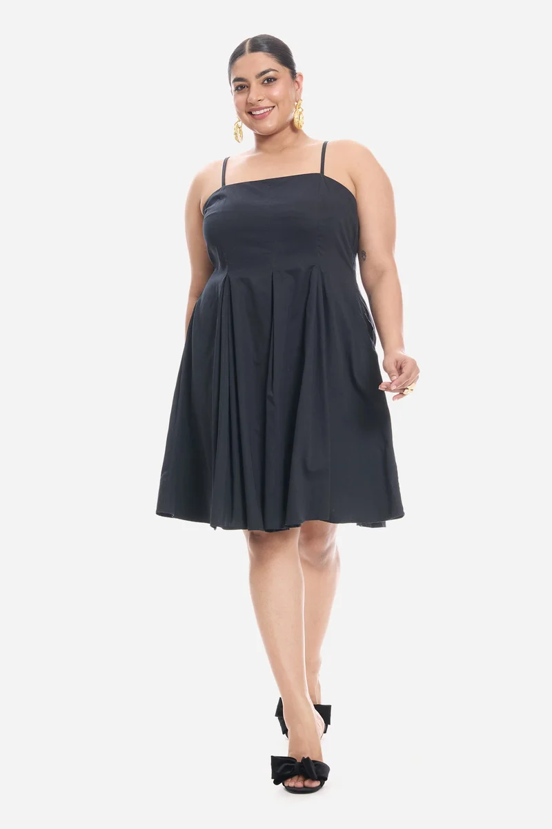 فيرجيو Solid Cotton Strappy Panelled Midi Plus Size Dress for Women