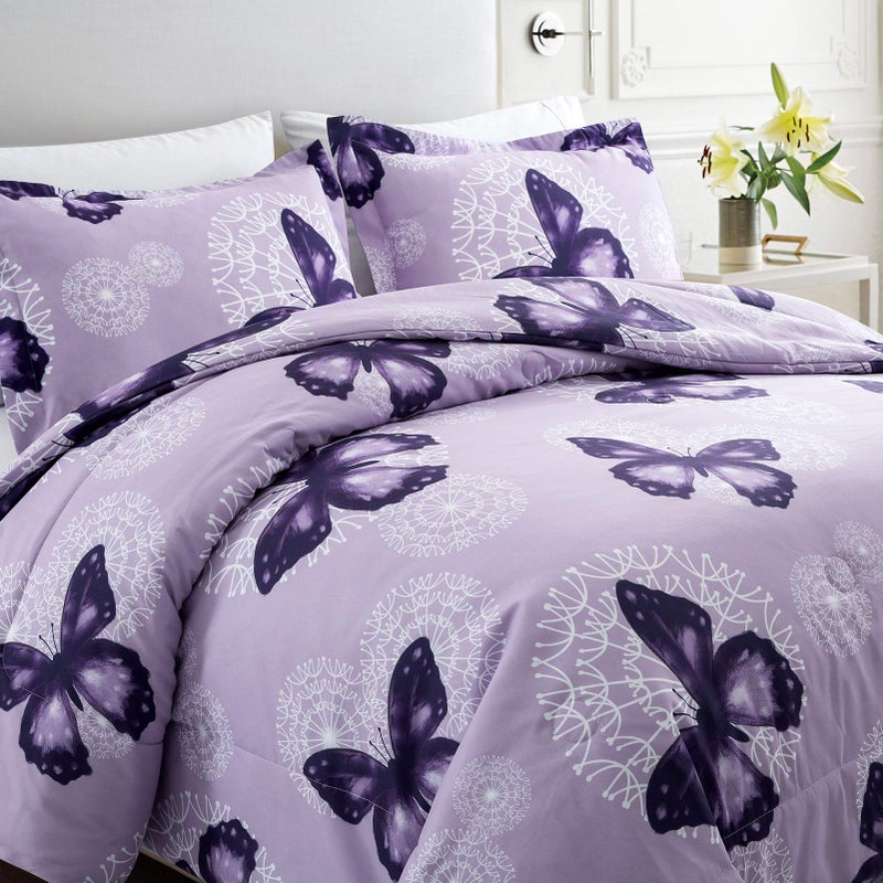 ARTALL Lightweight Microfiber 3 Piece Comforter Set with 2 Shams  Butterfly Pattern Bedding Set  Full/Queen  Purple - Image 3