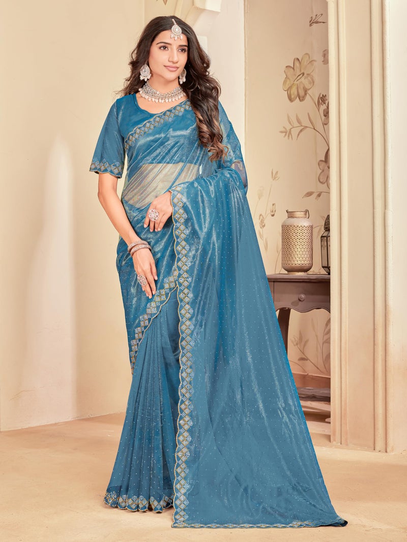 Glory Sarees Women's Net Swarovski Saree With Blouse Piece (SwarovskiSarees102_Firozi) - Image 2