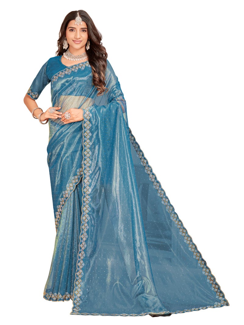 Glory Sarees Women's Net Swarovski Saree With Blouse Piece (SwarovskiSarees102_Firozi) - Image 1