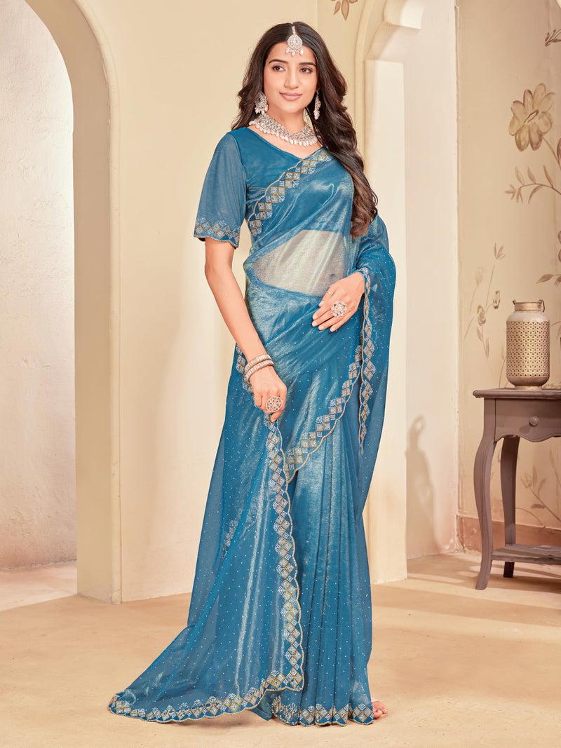 Glory Sarees Women's Net Swarovski Saree With Blouse Piece (SwarovskiSarees102_Firozi) - Image 5