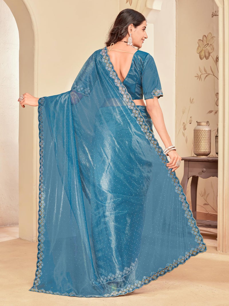 Glory Sarees Women's Net Swarovski Saree With Blouse Piece (SwarovskiSarees102_Firozi) - Image 4