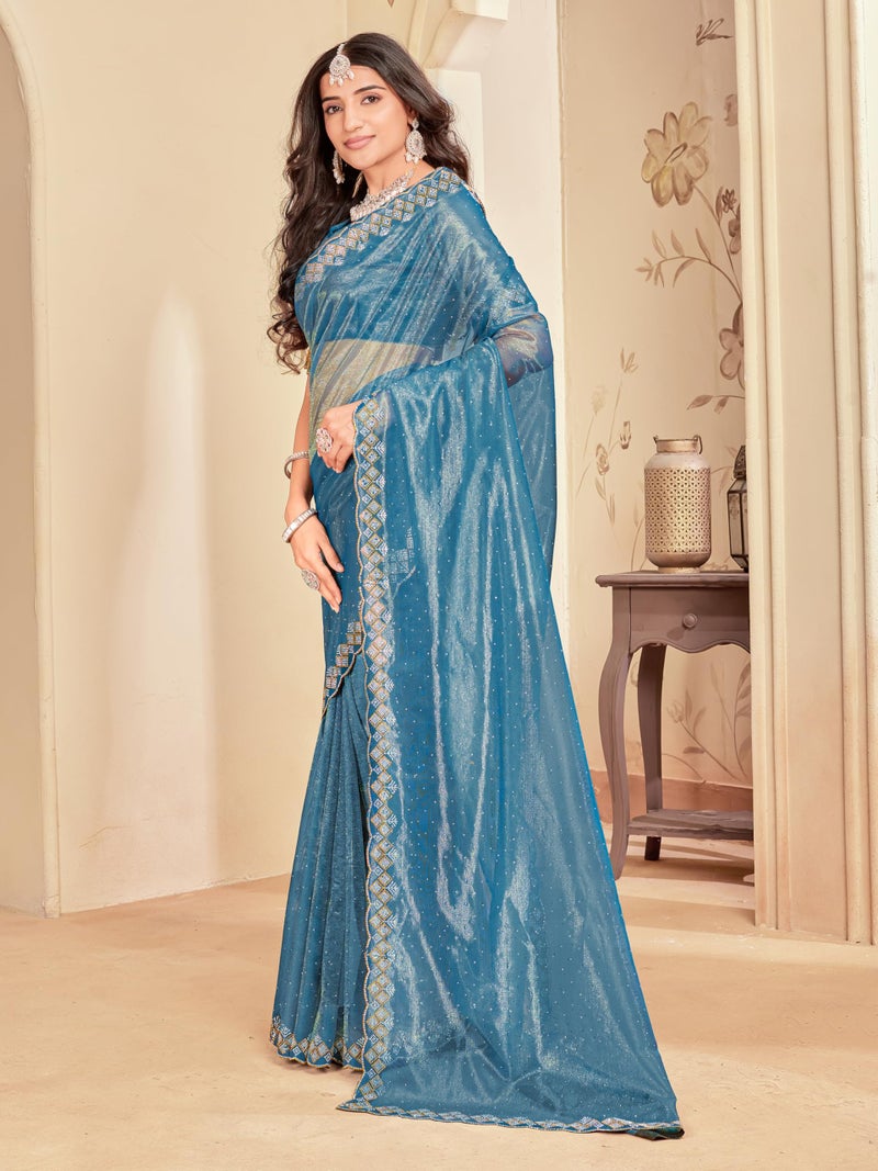 Glory Sarees Women's Net Swarovski Saree With Blouse Piece (SwarovskiSarees102_Firozi) - Image 3