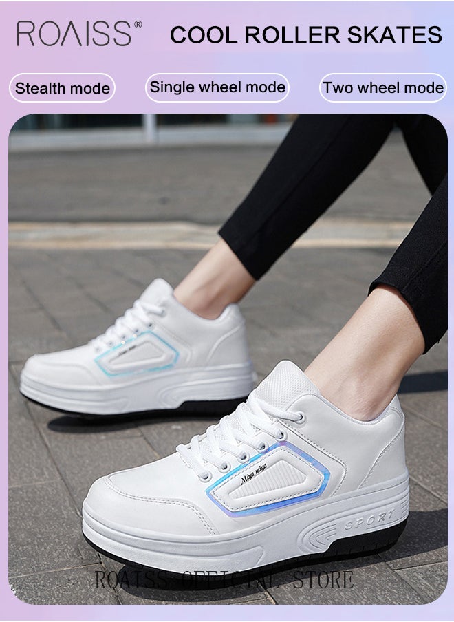 roaiss Kids Unisex Stylish Double Wheel Roller Skates Outdoors Casual White Sneakers with Detachable Wheels for Children Boys and Girls Teenagers Creative Lace up Sports Shoes Idea for Gifts  - Image 4