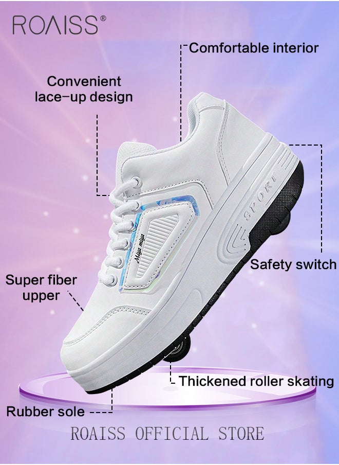 roaiss Kids Unisex Stylish Double Wheel Roller Skates Outdoors Casual White Sneakers with Detachable Wheels for Children Boys and Girls Teenagers Creative Lace up Sports Shoes Idea for Gifts  - Image 1