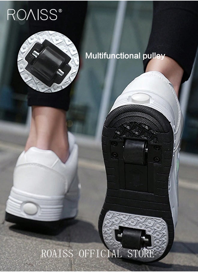 roaiss Kids Unisex Stylish Double Wheel Roller Skates Outdoors Casual White Sneakers with Detachable Wheels for Children Boys and Girls Teenagers Creative Lace up Sports Shoes Idea for Gifts  - Image 3