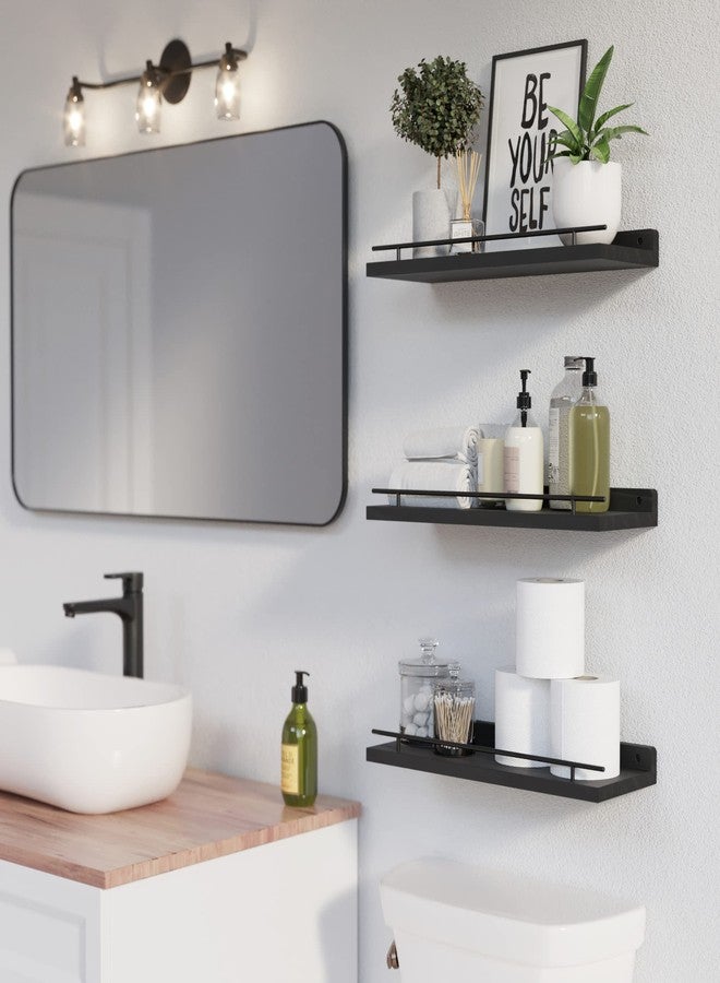 WOPITUES Floating Shelves with Black Metal Guardrail, Shelves for Wall Decor Set of 3, Wall Shelves for Bedroom, Bathroom, Kitchen, Living Room, Plants, Picture Frames, Art- Black - Image 3