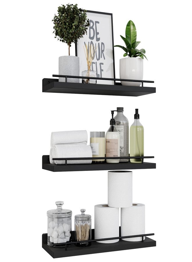 WOPITUES Floating Shelves with Black Metal Guardrail, Shelves for Wall Decor Set of 3, Wall Shelves for Bedroom, Bathroom, Kitchen, Living Room, Plants, Picture Frames, Art- Black - Image 1