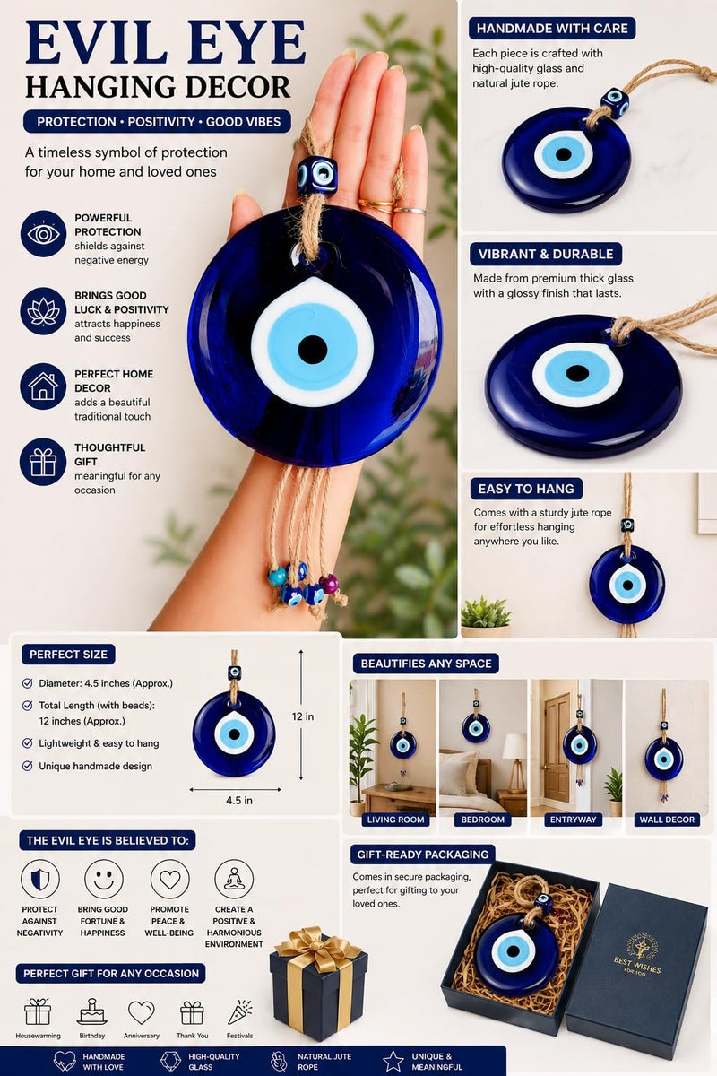 WARMINGO DE Big Size Evil Eye Hanging for Home Car & Office | Turkish Evil Eye | Nazar Battu for Home Entrance | Wall Hanging Evil Eye with Beads (12 cm) - Image 2