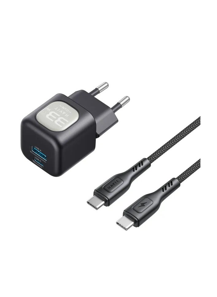 havit Travel Charger 33W Gan technology with Type C to Type C Cable Included model UC233 EU- Black  - Image 2