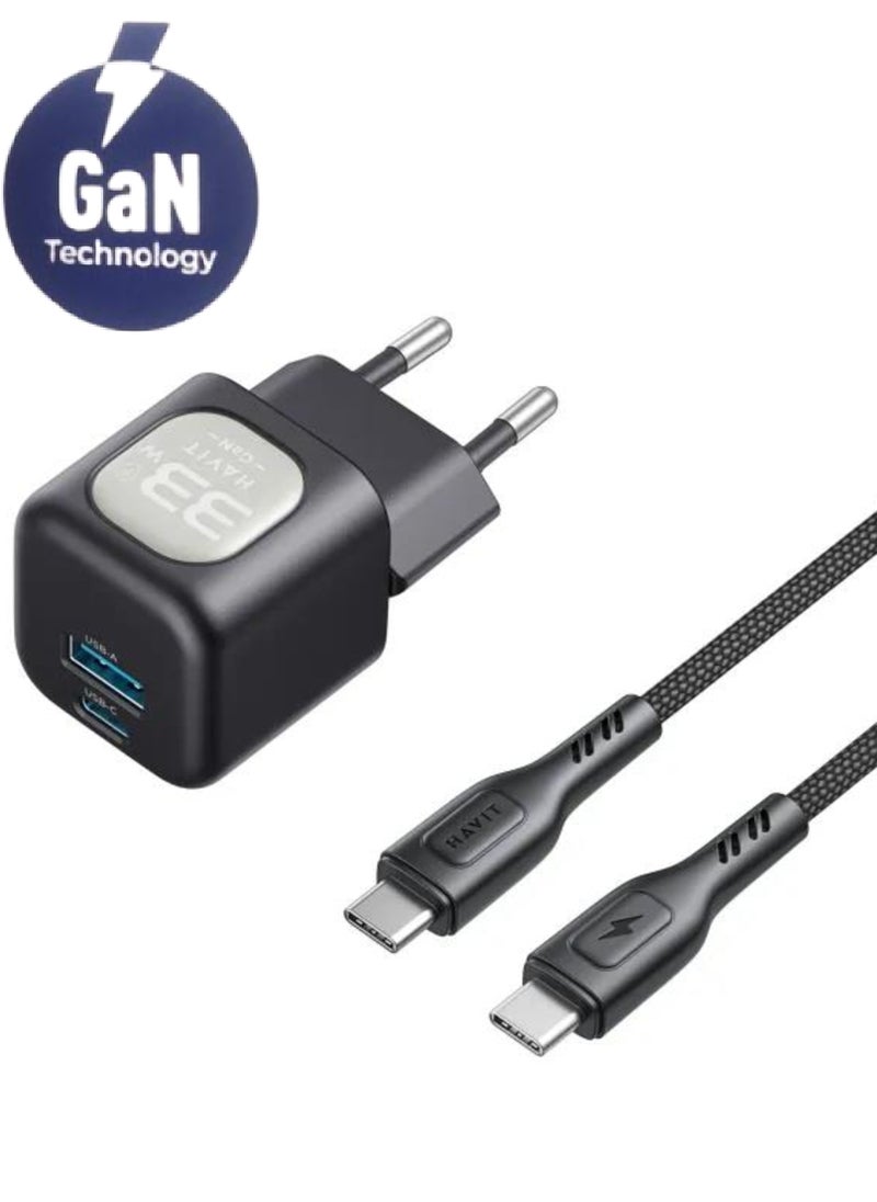 havit Travel Charger 33W Gan technology with Type C to Type C Cable Included model UC233 EU- Black  - Image 1