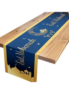 LEFAFA Eid Mubarak Table Runner, Blue Gold Eid Tablecloth, Islamic Mosque Moon Ramadan Decorations and Supplies for Muslim Home Kitchen Table(180x35cm)  - Image 1