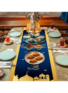 LEFAFA Eid Mubarak Table Runner, Blue Gold Eid Tablecloth, Islamic Mosque Moon Ramadan Decorations and Supplies for Muslim Home Kitchen Table(180x35cm)  - Image 3