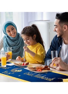 LEFAFA Eid Mubarak Table Runner, Blue Gold Eid Tablecloth, Islamic Mosque Moon Ramadan Decorations and Supplies for Muslim Home Kitchen Table(180x35cm)  - Image 5