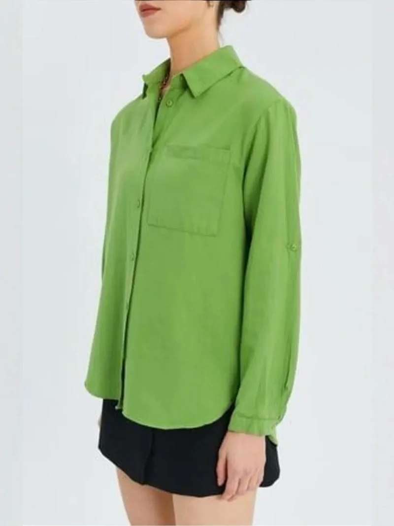 Mixray Mint Green Mixray Long Sleeve Button-Up Shirt with Pocket for Women | Best Price UAE