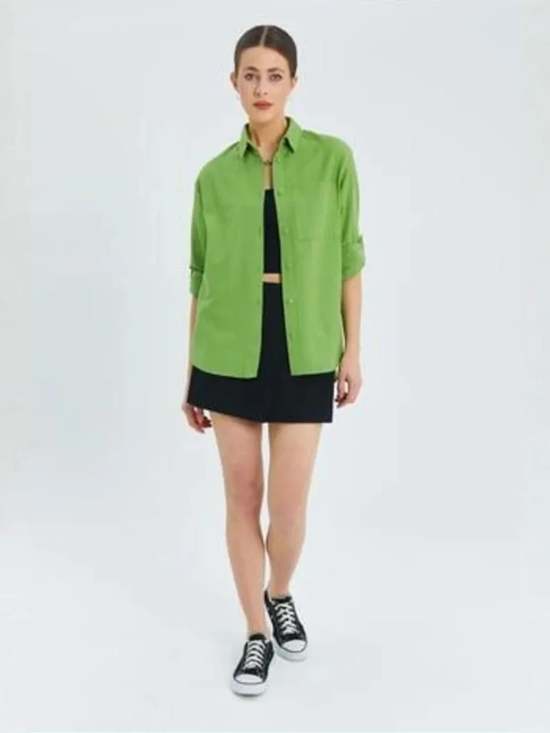 Mixray Mint Green Mixray Long Sleeve Button-Up Shirt with Pocket for Women | Best Price UAE