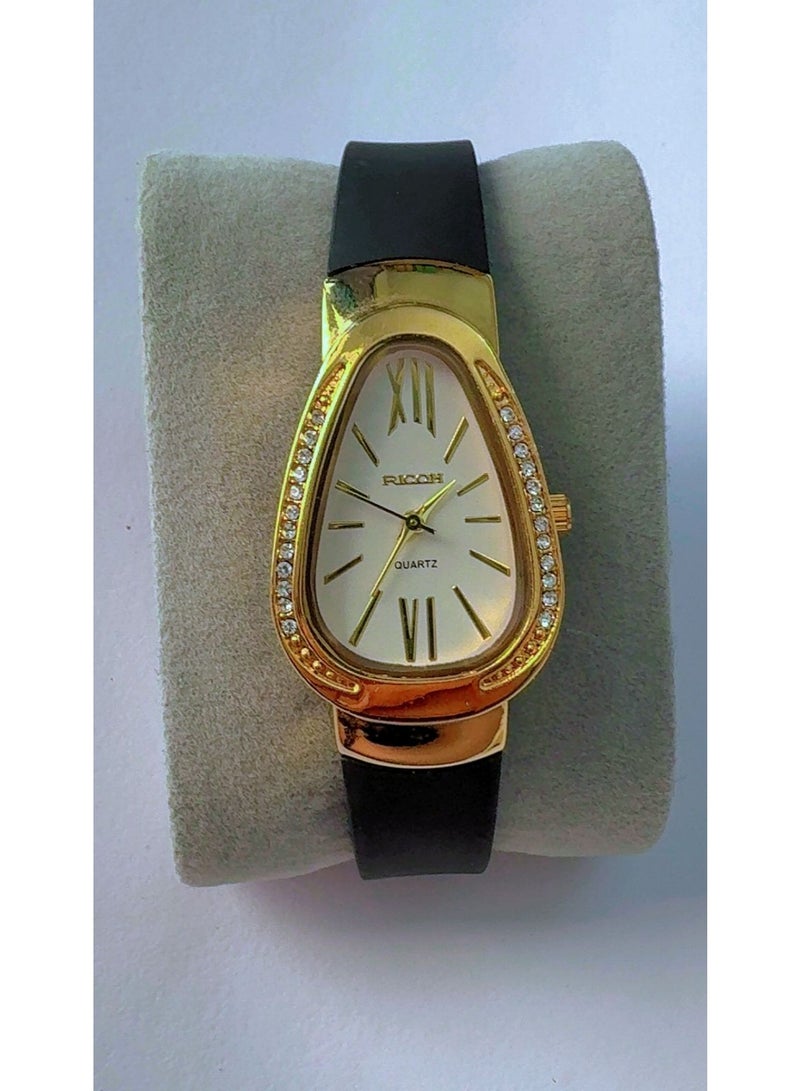 RICOH Luxury Ricoh Expedition PC0004 Women's Gold Quartz Watch - Elegant Teardrop Shape, Crystal Bezel, Premium Black Strap - Brand New Condition! - Image 1