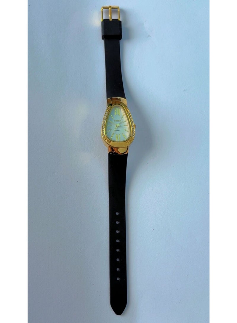 RICOH Luxury Ricoh Expedition PC0004 Women's Gold Quartz Watch - Elegant Teardrop Shape, Crystal Bezel, Premium Black Strap - Brand New Condition! - Image 2