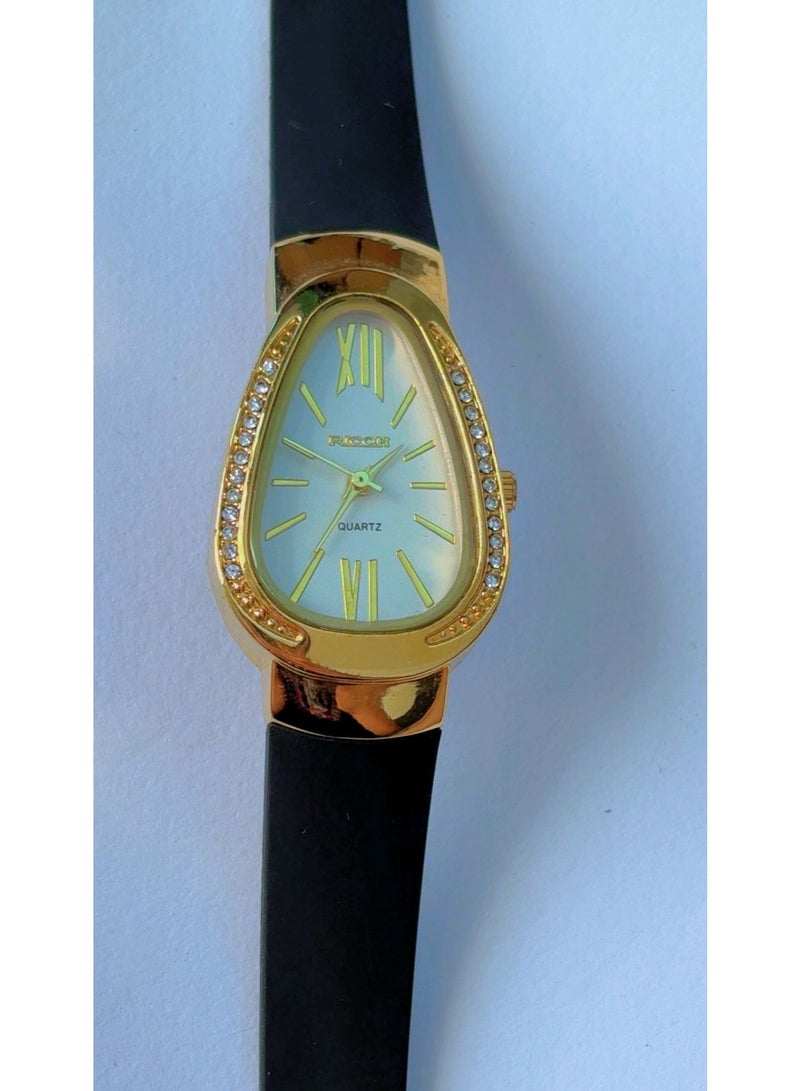 RICOH Luxury Ricoh Expedition PC0004 Women's Gold Quartz Watch - Elegant Teardrop Shape, Crystal Bezel, Premium Black Strap - Brand New Condition! - Image 3