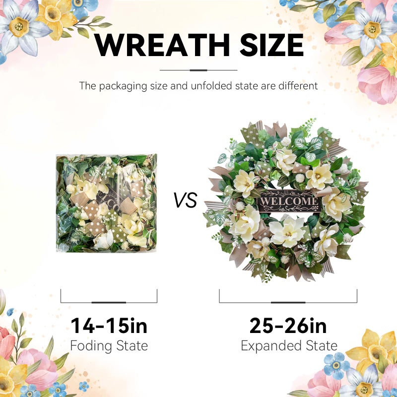 Soomeir Spring Wreaths for Front Door Outside 26 Inch, Magnolia Summer Wreath with Ribbons and Welcome Sign, Farmhouse Outdoor Spring & Summer Door Wreath for Front Door, Neutral Floral Decor - Image 4