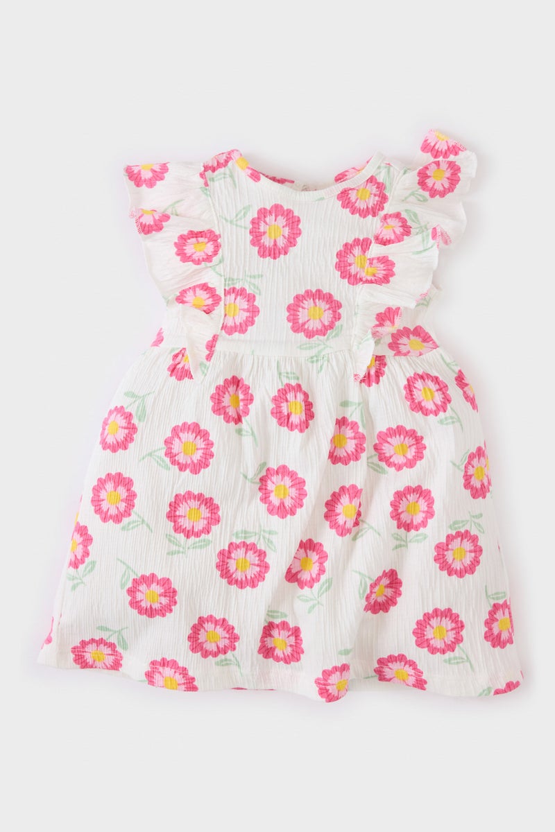 DeFacto Beige BabyGirl Baby Girl Floral Short Sleeve Crinkle Viscose Dress Casual - Image 5