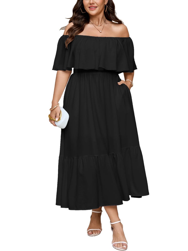 SCOMCHIC Womens Plus Size Wedding Guest Cocktail Dresses Off The Shoulder Smocked Waist Ruffle Slit Maxi Dress Black - Image 1