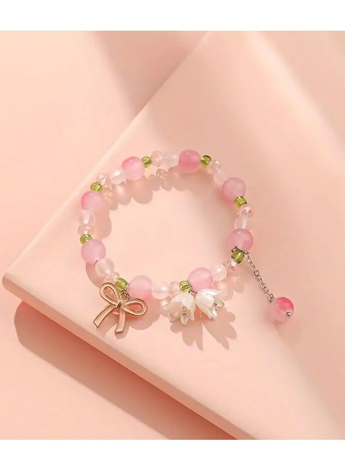 1pc Chic Spring  Summer Lily of the Valley Beaded Bracelet - Sweet Pastel Gradient with Glass Charms, Fashionable Accessory for Students  Best Friends  - Image 1
