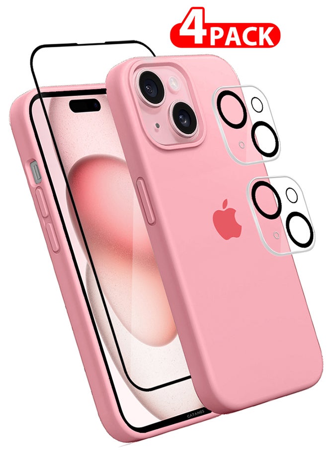 CATANES - 4 Packs For iPhone 15 Plus Case Screen Protector and 2 Camera Lens Protectors Upgrade Defender Silicone Cover Shockproof Anti-Scratch Protective Phone Case Pink - Image 1