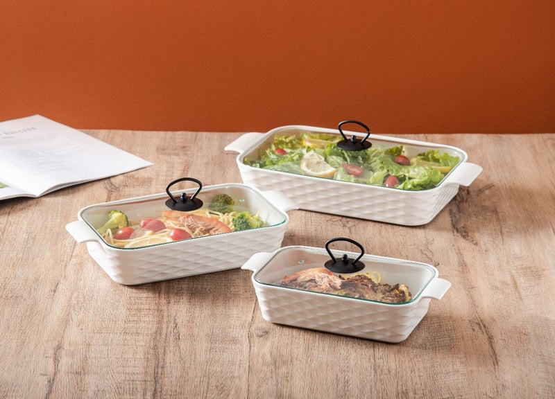 دوف طقم أواني خبز مستطيلة من البورسلين مكون من 3 قطع مع غطاء زجاجي أبيض/أسود، المقاسات 10 + 12 + 14.5 بوصة - Image 2