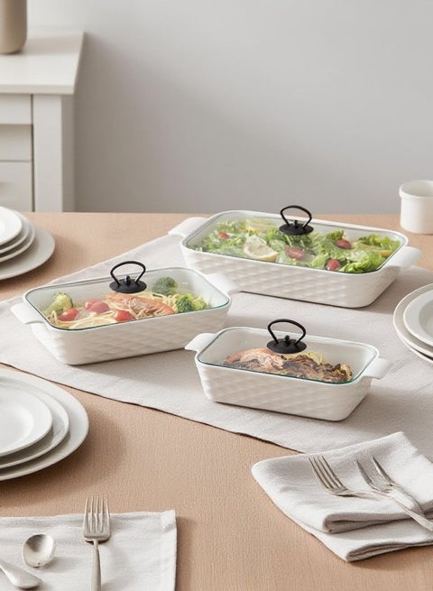 3-Piece Rectangular Porcelain Baking Dish Set W/Glass Lid White/Black, Sizes 10 + 12 + 14.5 Inch
