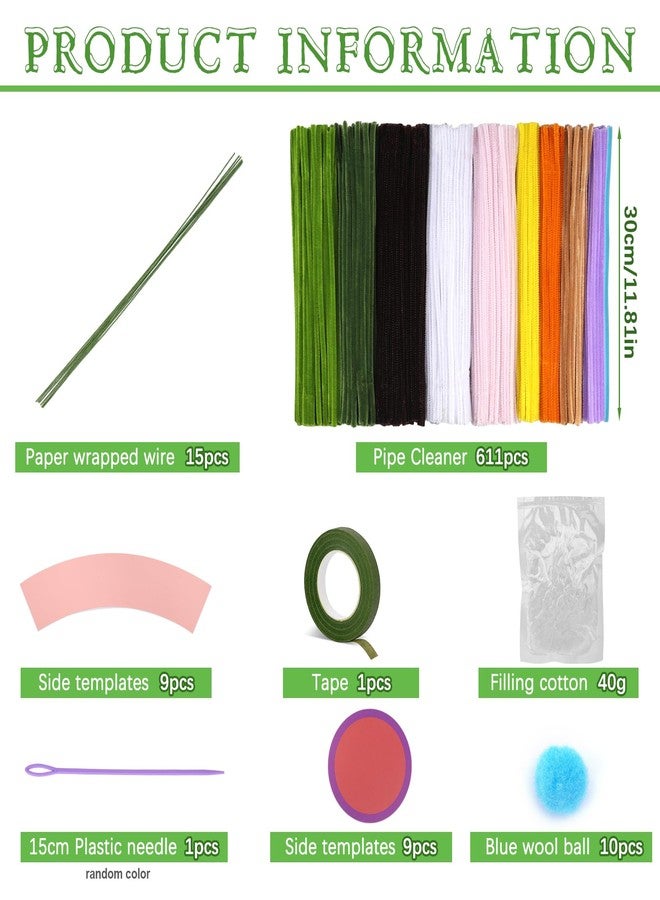 UzecPk 611Pcs Pipe Cleaner Flower Kit, Pipe Cleaners Bulk, 10 Colors Pipe Cleaners Flowers, Chenille Stem Pipe Cleaners Craft for Decorations with Video Tutorial, Flower Wire, Floral Tape - Image 2