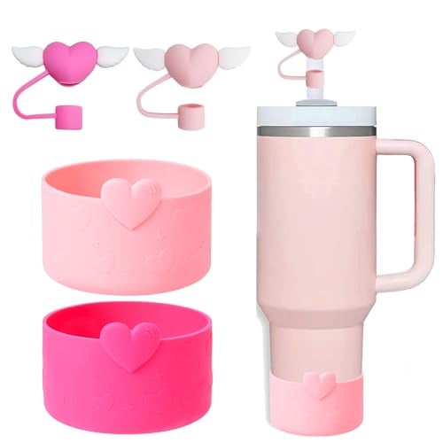 HIUSITY Valentine's Day Heart Straw Cover Topper+Silicone Boot Protector for Stanley Cup,Cute 10mm Straws Toppers Covers Cap+Boots for Stanley Tumbler 30&40oz,Stanleys Cups Accessories,PinkRose - Image 1