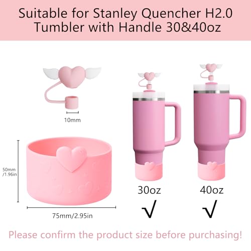 HIUSITY Valentine's Day Heart Straw Cover Topper+Silicone Boot Protector for Stanley Cup,Cute 10mm Straws Toppers Covers Cap+Boots for Stanley Tumbler 30&40oz,Stanleys Cups Accessories,PinkRose - Image 2