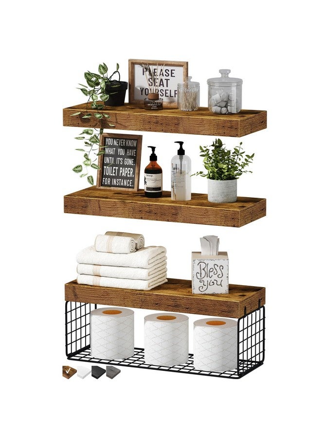 QEEIG Bathroom Shelves Over Toilet - Wall Mounted Floating Shelves Toilet Paper Storage Small Farmhouse Decor Shelf 16 inch Set of 3, Rustic Brown (019-BN3) - Image 1