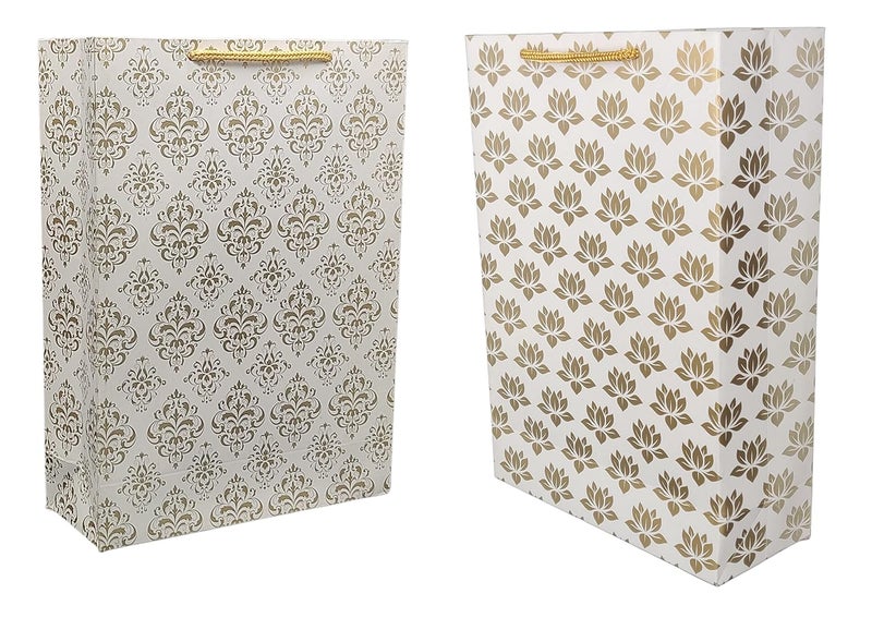 TASCHE TASCHE Gold Flower and Gold Lotus Design Printed Assorted Design Paper Carry Bags Gift Bags for Return gifts Birthday and presents 2794 2032 762 CM Pack of 10  - Image 1