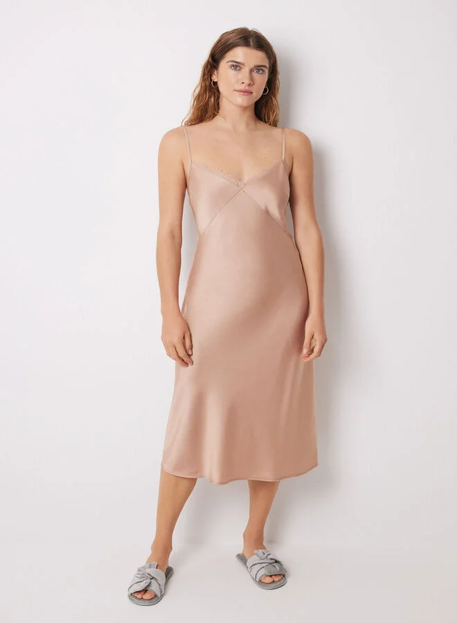 women'secret Nude Satin And Lace Midi Nightgown