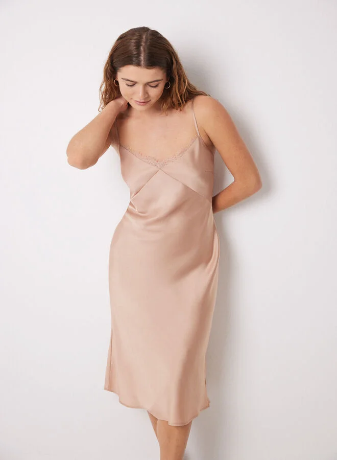 women'secret Nude Satin And Lace Midi Nightgown