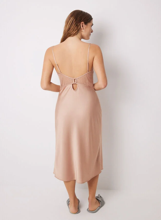 women'secret Nude Satin And Lace Midi Nightgown