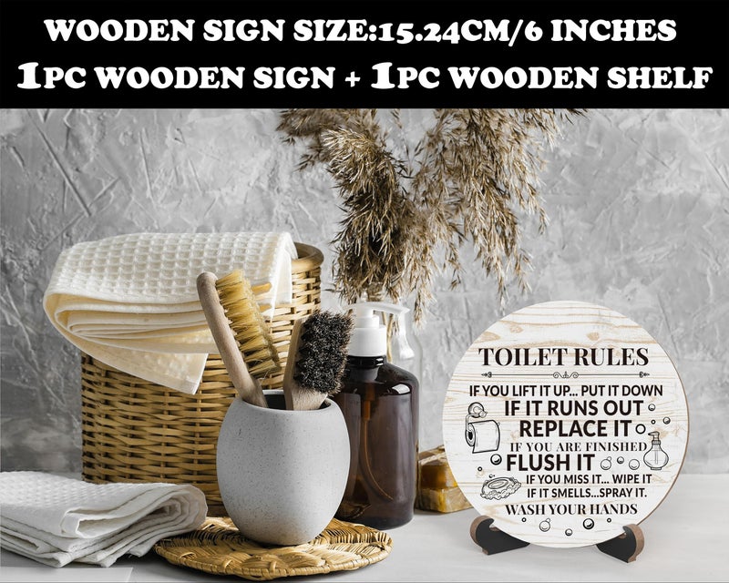 Zmyollo Rustic Bathroom Decor, Funny Round Sign With Stand, Toilet Rules for Shelf, Farmhouse Quote for Restroom Washroom Home Decor Gifts, A01 - Image 2